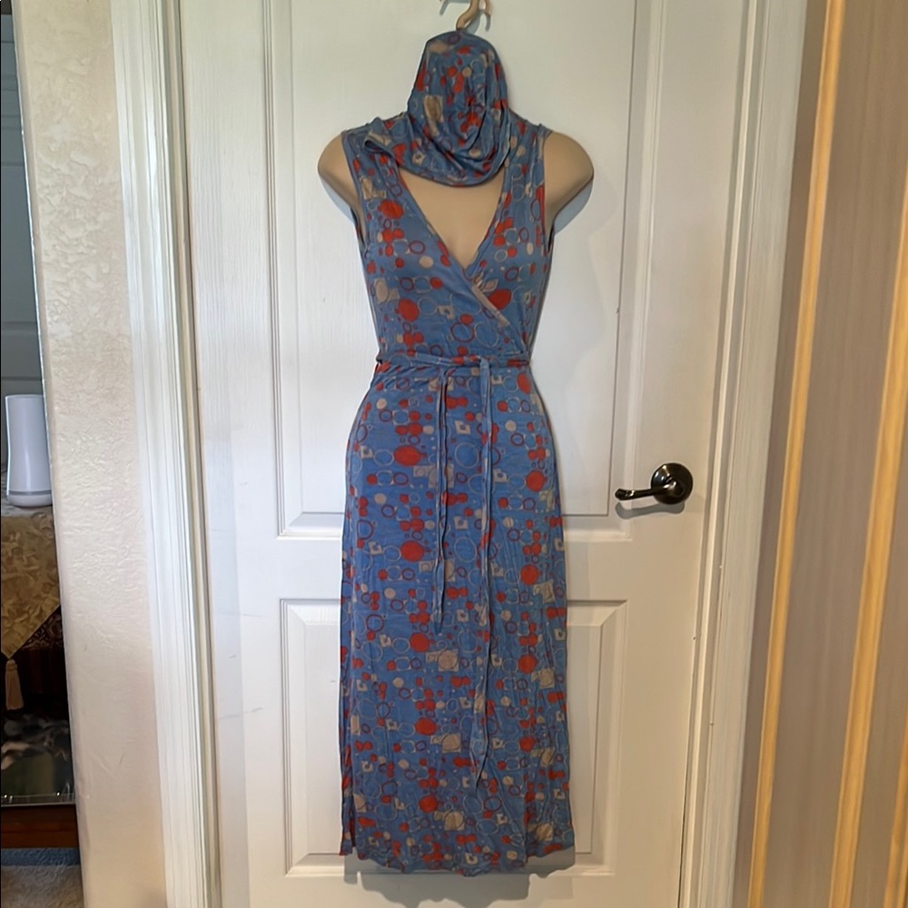 Floral Blue and Red Hooded Wrap Dress
